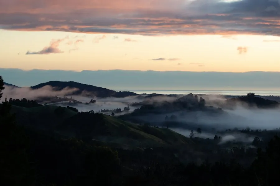 Foggy hills at sunrise with the sea in the distance